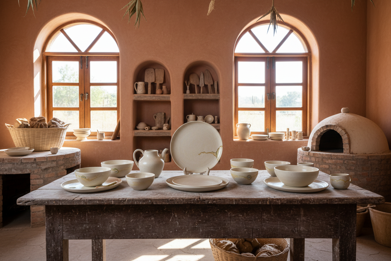 fondo de una vajilla tono claro elegante en un taller artesanal en mexico 